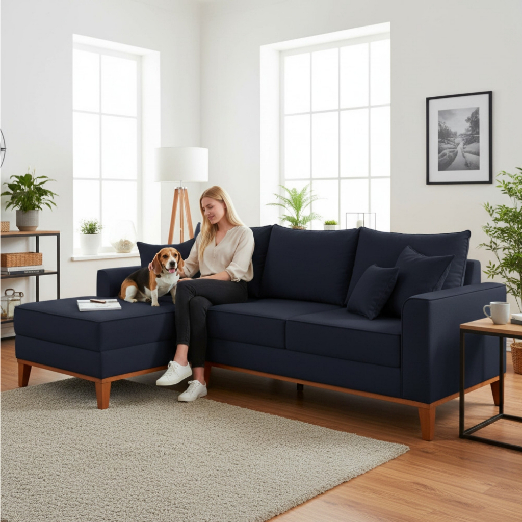 Sofá 3 Lugares Beny com Chaise Esquerdo Linho Azul