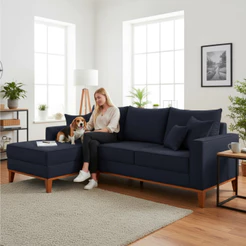 Sofá 3 Lugares Beny com Chaise Esquerdo Linho Azul