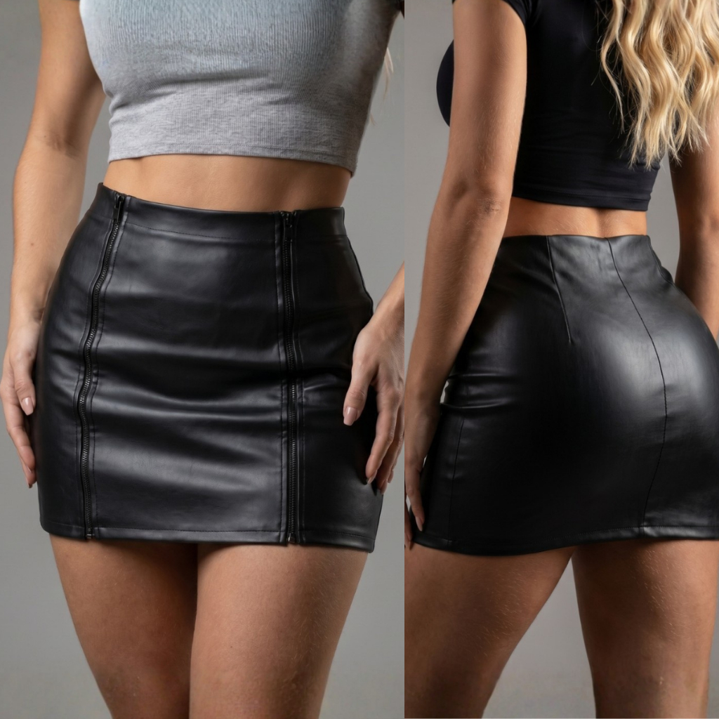 Saia Couro Fake Feminina Tubinho Com Dois 2 Duplo Zíper Preta Balada Festa Cintura Alta Curta