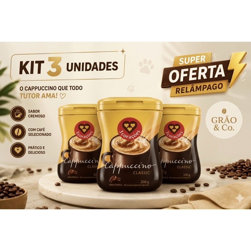 Cappuccino Classic em pó Três Corações 200g - Kit 3 Unidades