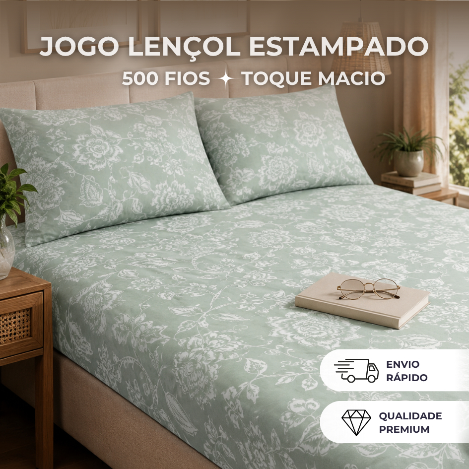 Jogo de Lençol Casal 500 Fios Com Elastico Toque Macio 03 Peças Com Fronha
