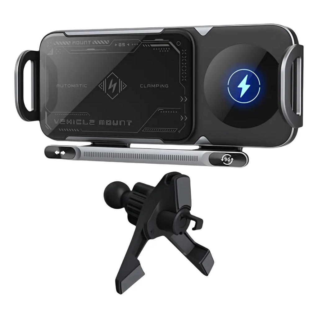 Suporte Veicular Inteligente P/Celular Sem Fio Carregamento Indução 15W Rotatório 90°