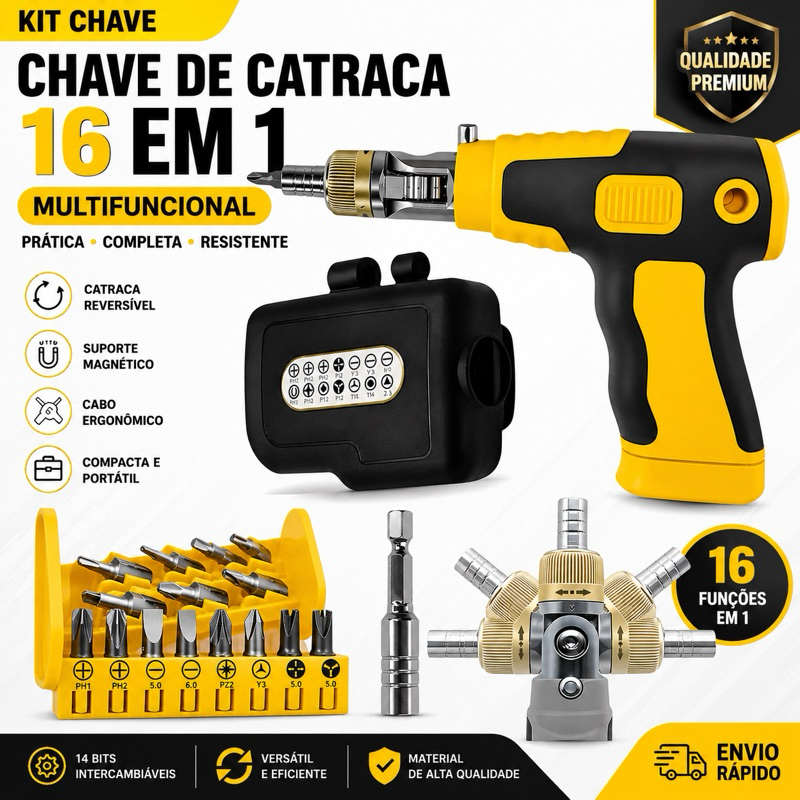 kit Chave de Catraca 16 em 1 com Pontas Fenda e Multifuncional - Ferramenta Prática e Versátil