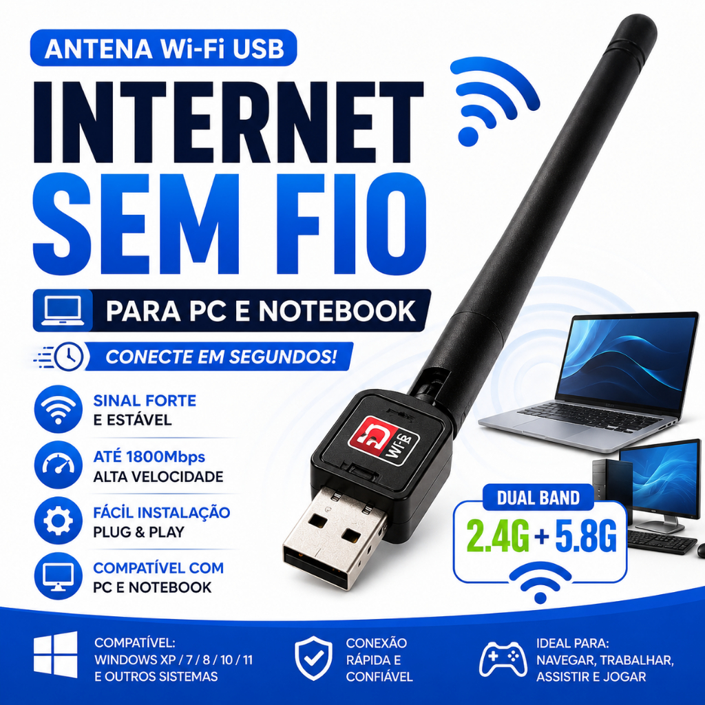 Adaptador WiFi USB 1800Mbps para PC Notebook | Internet Sem Fio de Alta Velocidade