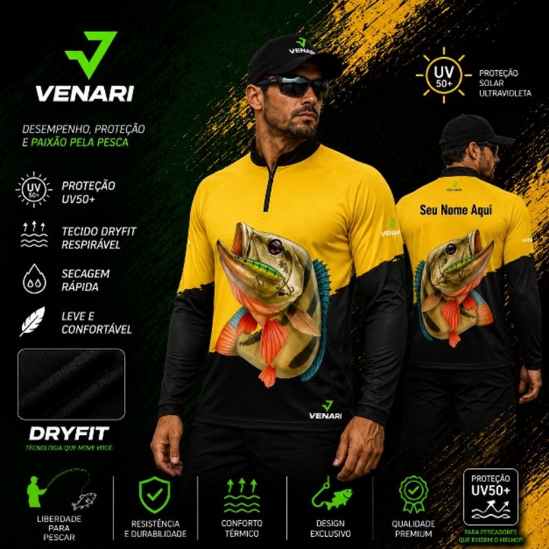 Camisa Pesca Peixe Tucunaré Camiseta Proteção Uv50 Pescaria Camiseta Manga longa com seu nome aqu impresso Personalizado