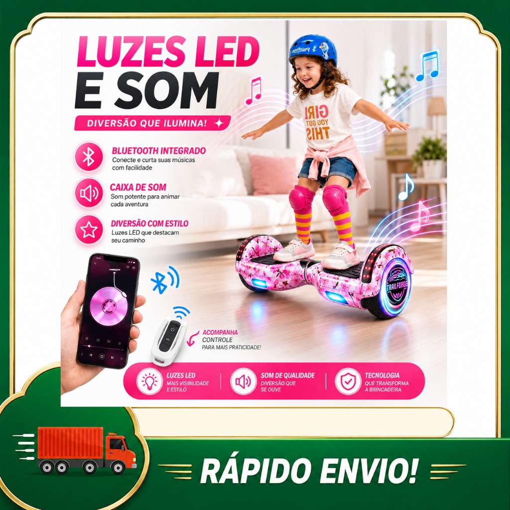Hoverboard Auto-equilibrado Bluetooth com Luzes LED, Excelente Opção de Presente