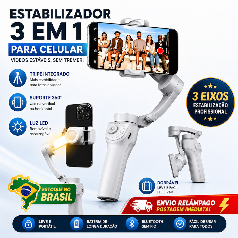 Estabilizador Gimbal 3 Eixos para Celular, Bluetooth, Rastreamento Facial, Controle por Gestos e Vídeo Estável