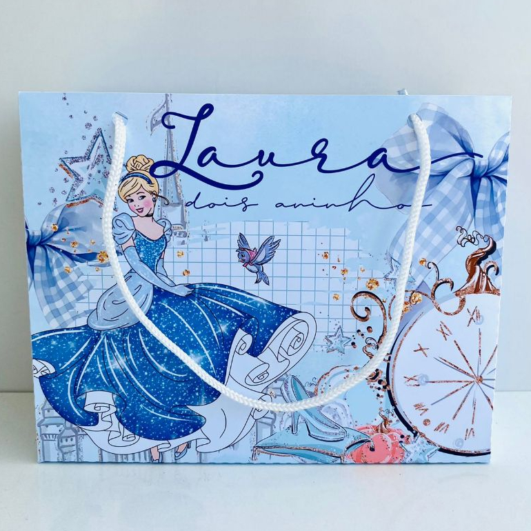 Kit Sacolinha Personalizada Cinderela Lembrancinha Surpresa Festa Infantil Aniversário 20x15x6cm