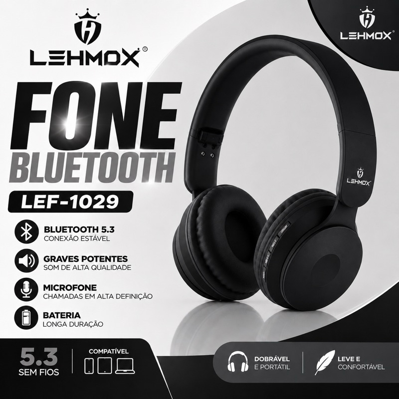 Fone Bluetooth Sem Fio LEHMOX LEF-1029 Bluetooth 5.3 Graves Potentes Dobrável Com Microfone