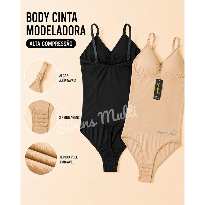 Body Cinta Premium Modelador Alta Compressão Bojo Removível Redutor Medidas Cintura com Regulagem