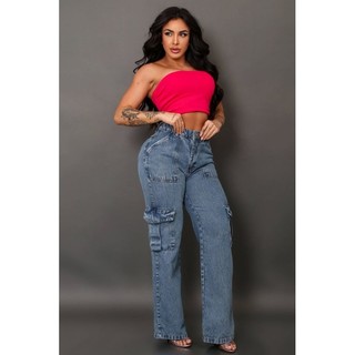 Calça Jeans Wide Leg Cargo Feminina