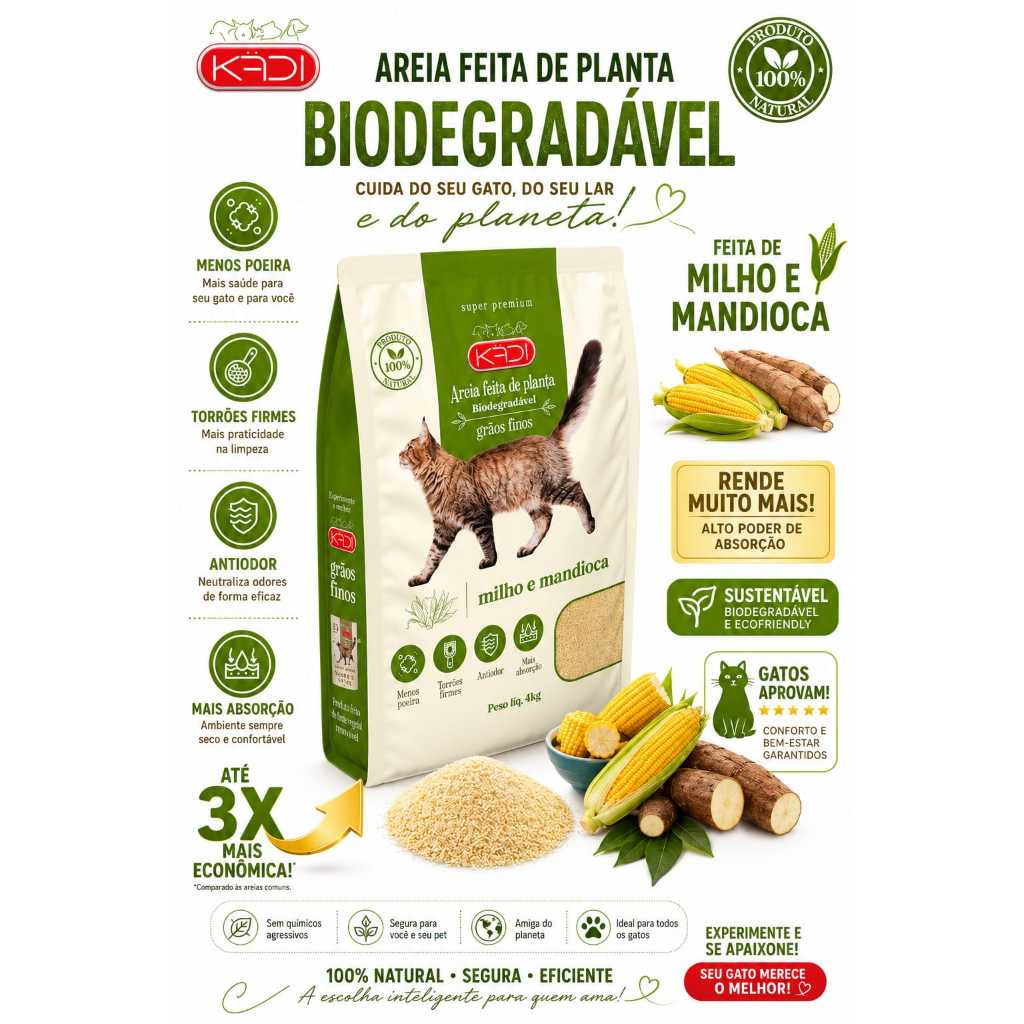 Areia Higiênica Kadi 4kg Areia Biodegradável grãos finos para Gatos Areia de Mandioca — imagem 2 de 2