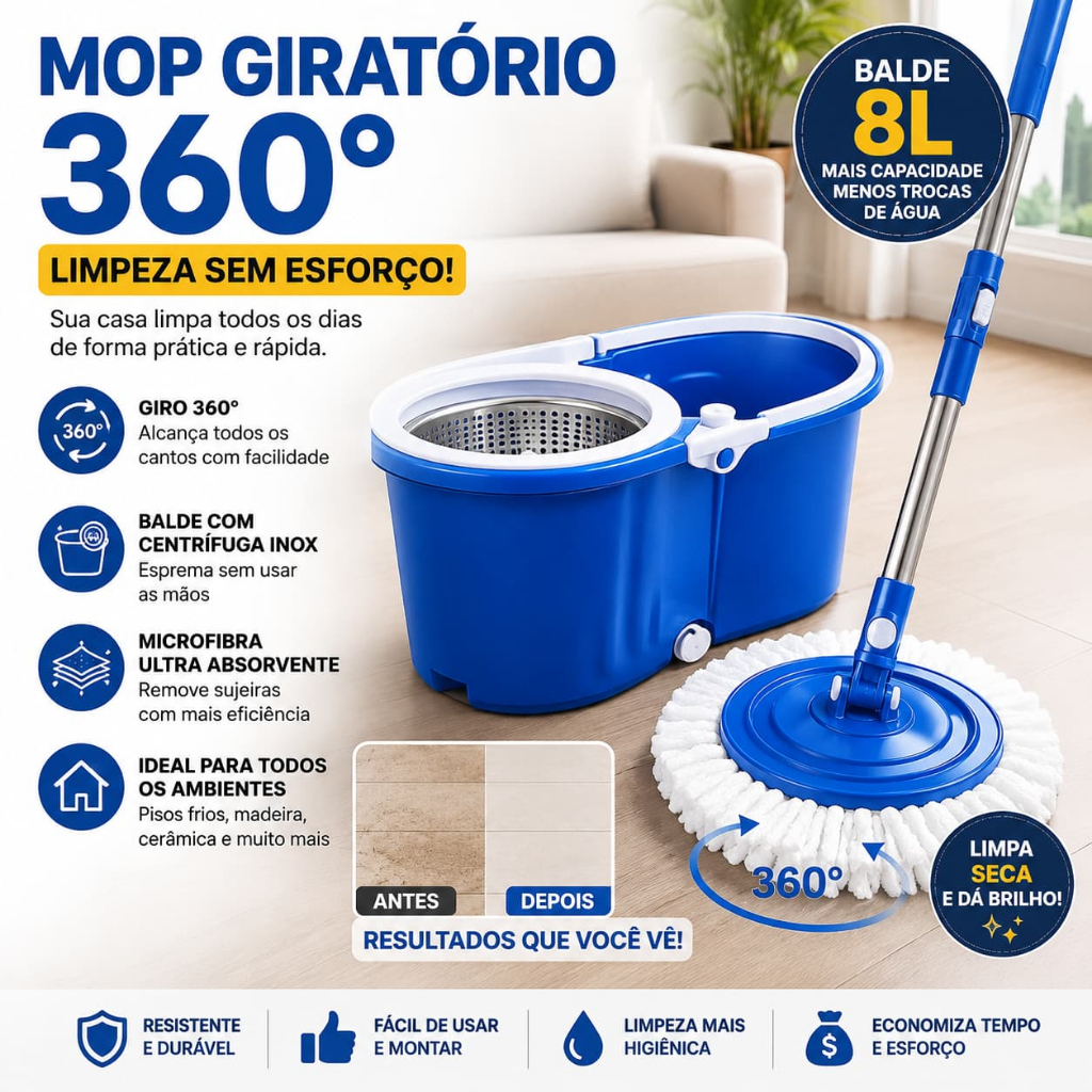 Mop Giratório 360°  com Balde 8L | Limpeza Rápida Sem Esforço Casa Brilhando
