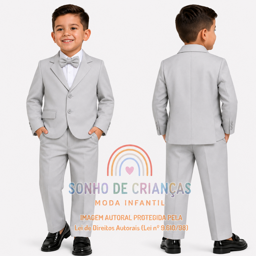 Terno Infantil Cinza Claro Menino Conjunto Social Blazer Calça Camisa Gravata Festa Casamento