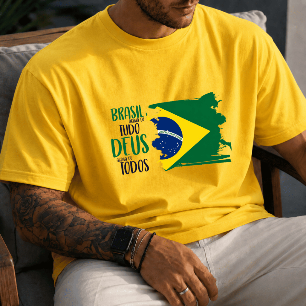 Camiseta Do Brasil Masculina Blusa"Brasil Acima de Tudo Deus Acima de Todos" 100% Algodão