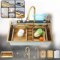 Cuba Para Pia Cozinha Gourmet Com Torneira Flexível 360 graus giratória 75 x 45 CM Inox 304 ouro