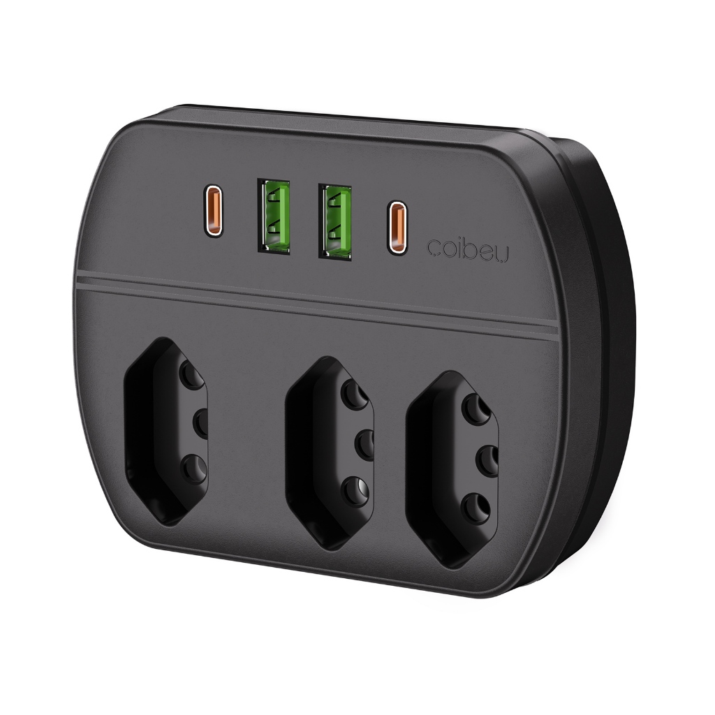 Tomada Extensiva 3 Tomadas + 2 USB + 2 Tipo-C 2500W Material Ignífugo