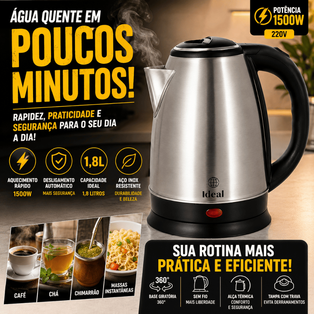 Chaleira Elétrica Inox 1,8L 127V 220V Desligamento Automático Base 360° Aquecimento Rápido Café Chá Chimarrão