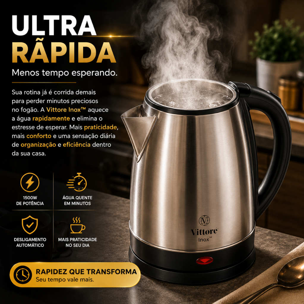 Chaleira Elétrica Vittore Inox 1,8L 1000W Ferve Água Rápido Base 360° Desligamento Automático 127V