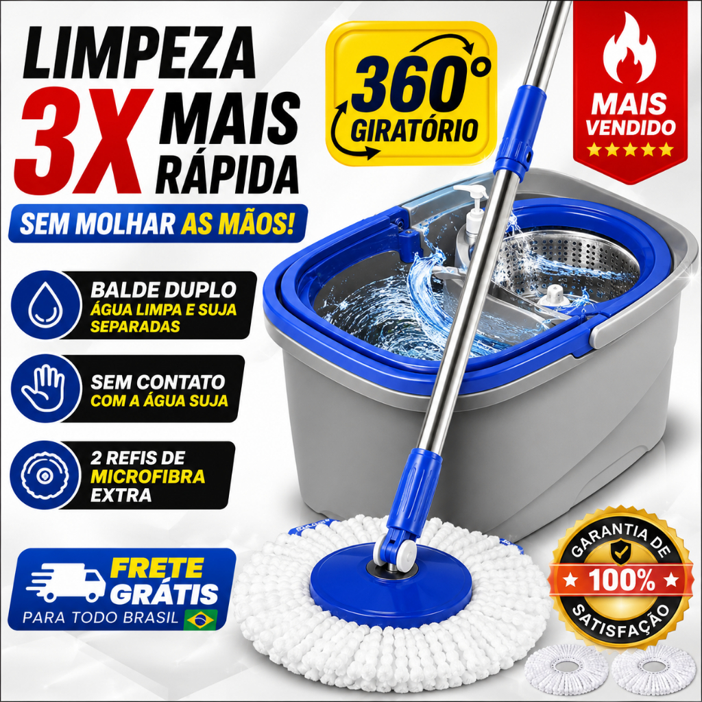 Mop Giratório 360° Balde Duplo Lavagem e Secagem Limpeza Prática Profissional