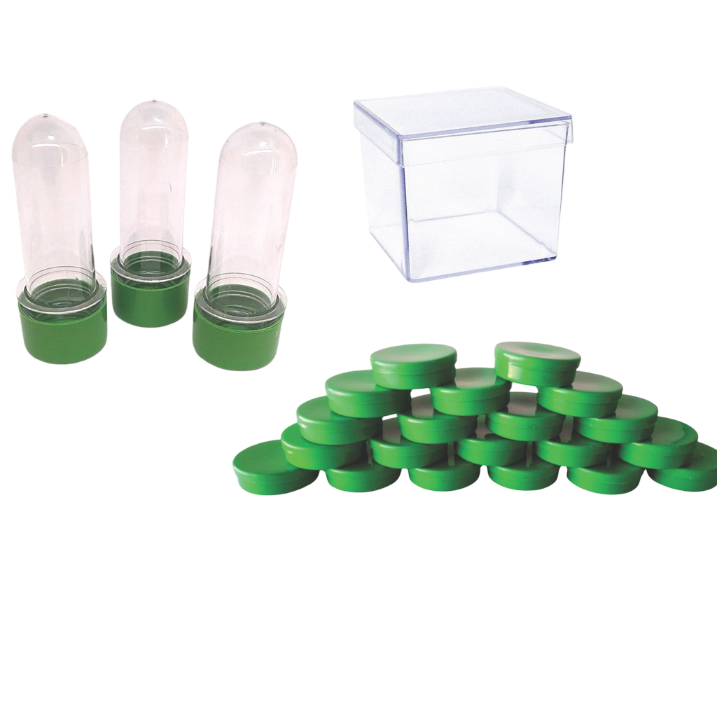 Kit 30 Lembrancinhas -Tubetes 8cm e Latinhas 5x1 verde claro - Caixinhas 4x4 -10 unidades de cada