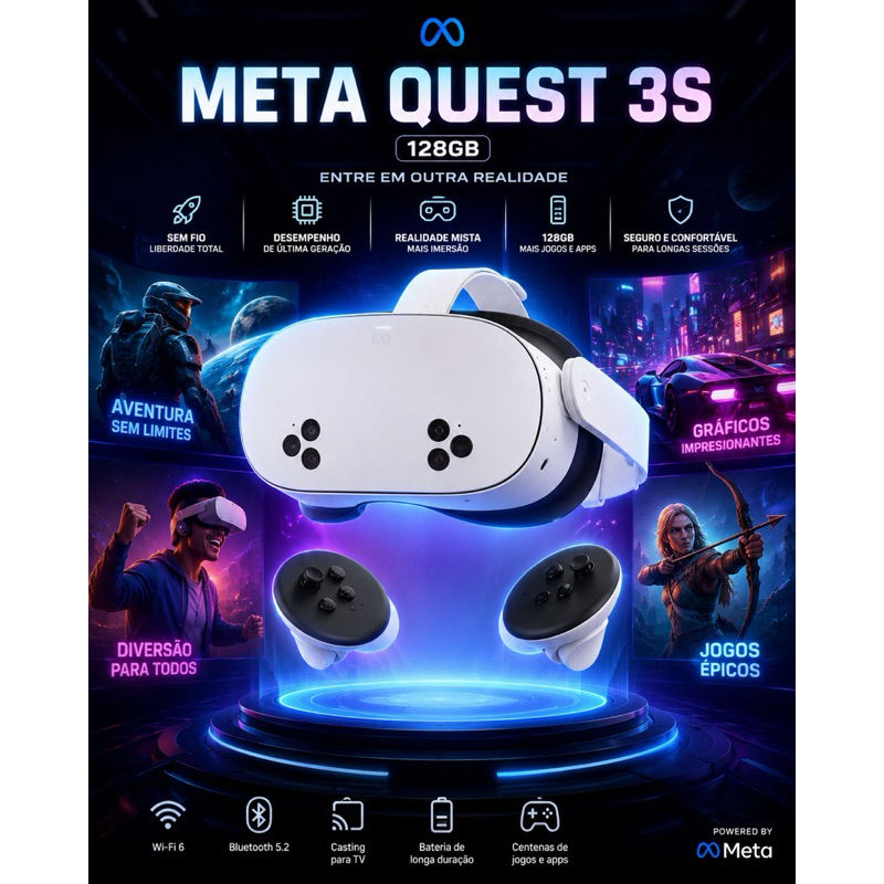 Meta Quest 3S 128GB Óculos Realidade Virtual Realidade Mista Gaming Sem Fio Original Meta AIJogos ImersivoWiFi Bluetooth