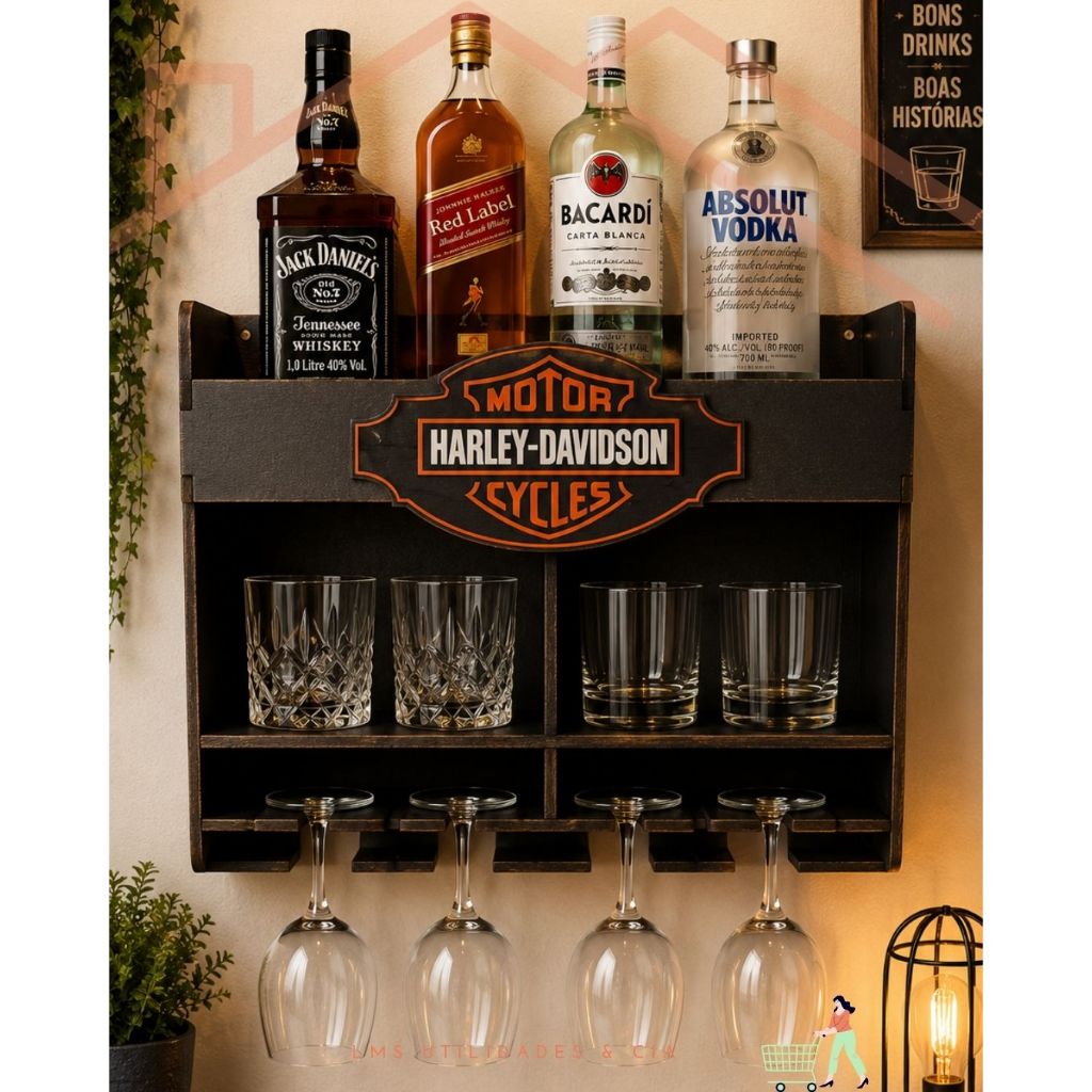 Bar de Parede Harley-Davidson Porta Garrafas Taças e Copos Decorativo Área Gourmet MDF Premium