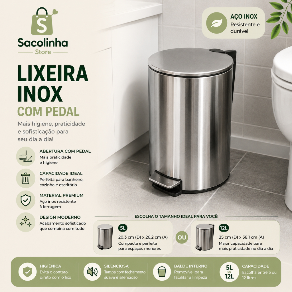 Lixeira Inox Com Pedal 5L ou 12L Slim Redonda Tampa Silenciosa Banheiro Cozinha Escritório
