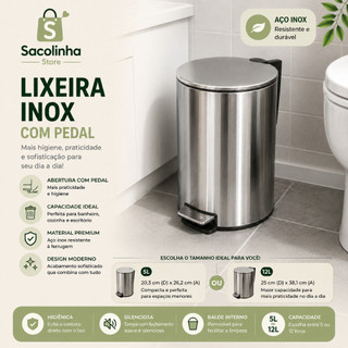 Lixeira Inox Com Pedal 5L ou 12L Slim Redonda Tampa Silenciosa Banheiro Cozinha Escritório