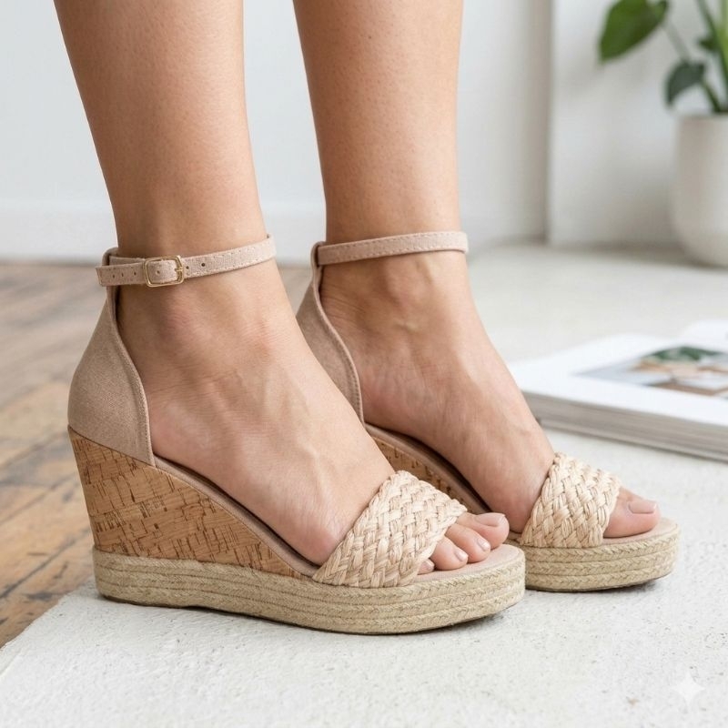 Sandália Feminina Anabela Espadrille Salto Médio Corda Trançada Elegante Tendência Verão