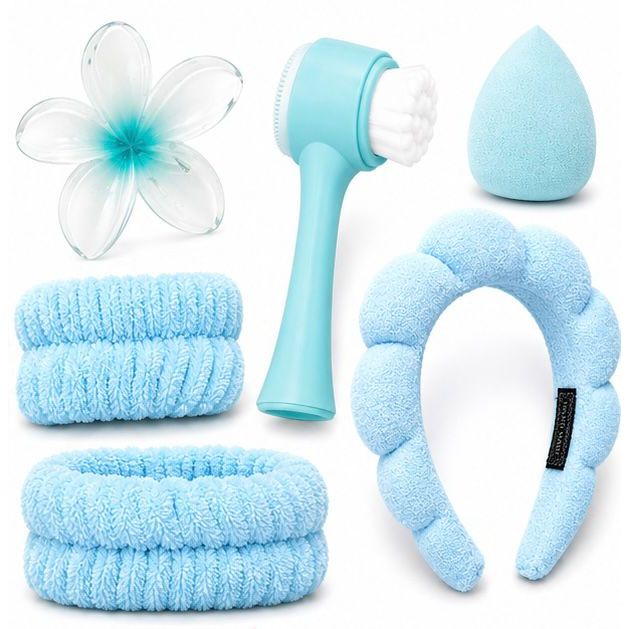 Kit Skincare SPA 5 Peças Completo Tiara + Escova Facial + Esponja de Maquiagem + Presilha Flor + Scrunchies xuxinhas