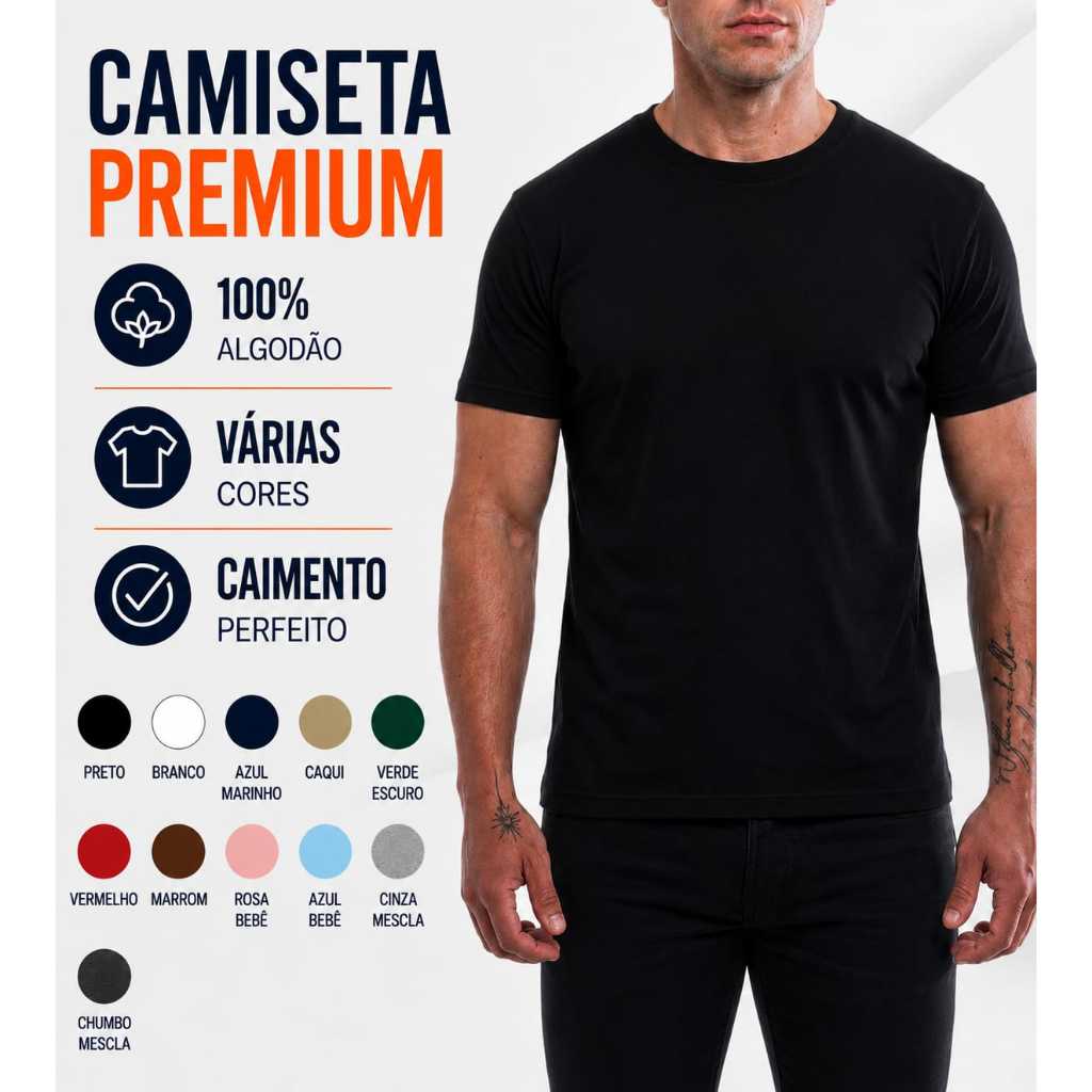 Camiseta Básica Lisa Masculina 100% algodão Premium Fio 30.1 Penteada Várias Cores Preto Branco Cáqui Azul Marinho  ​
