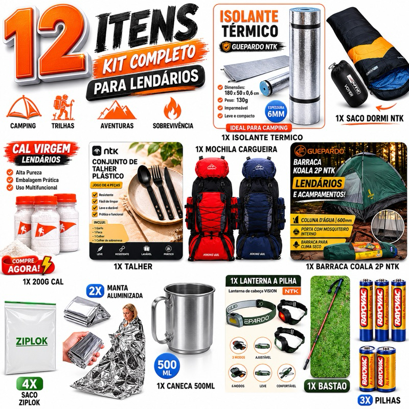 Kit Completo 12 Itens para LGND Barraca Mochila Saco de Dormir Isolante Térmico Lanterna Talher Trilha Aventura