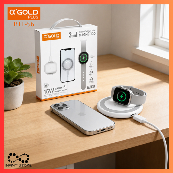 Carregador Magsafe 15W A'Gold Magnético Com Fio 3 em 1 Para IPhone, Fone (Air Pods) e Relógio Apple Watch