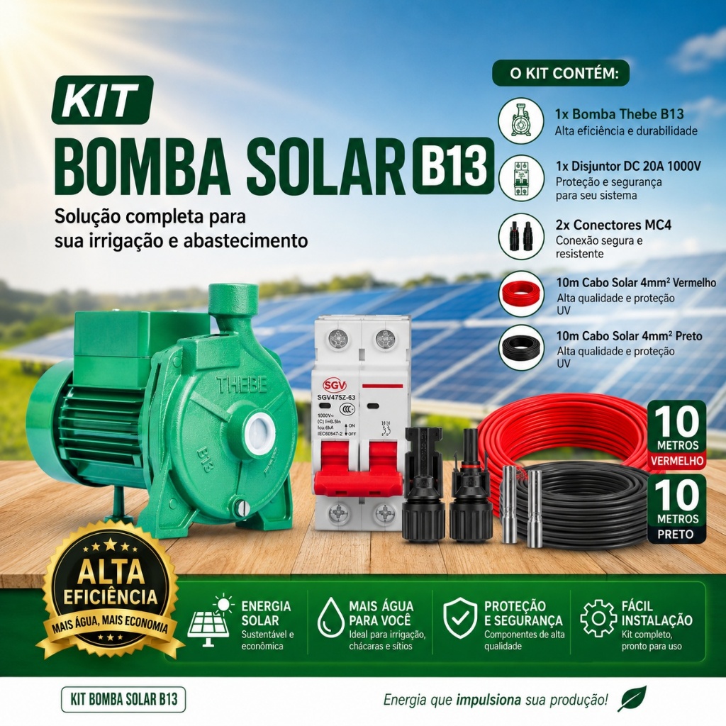Kit Bomba Solar Thebe B13 Completo – Bomba + Disjuntor + Conectores MC4 + 20 Metros de Cabo Solar