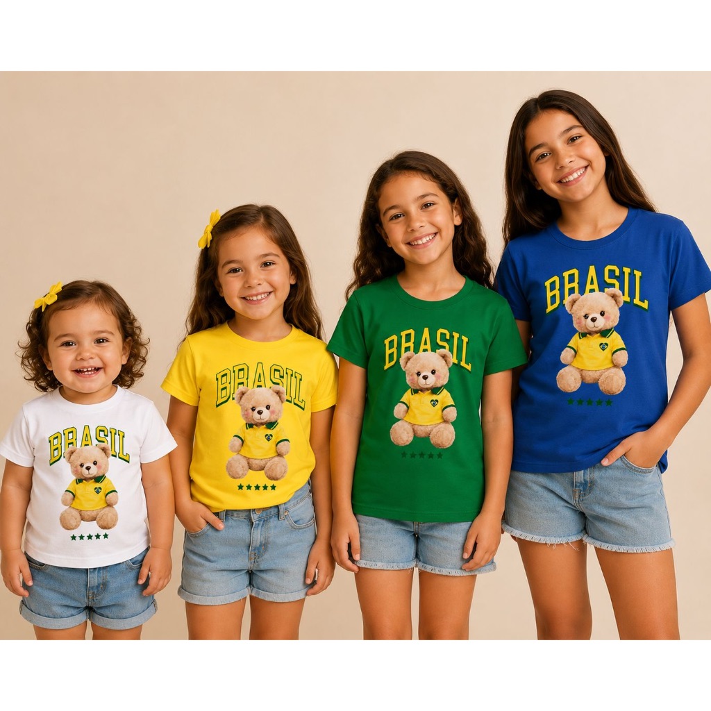 Camiseta Infantil Brasil Ursinha Copa Estampa premium