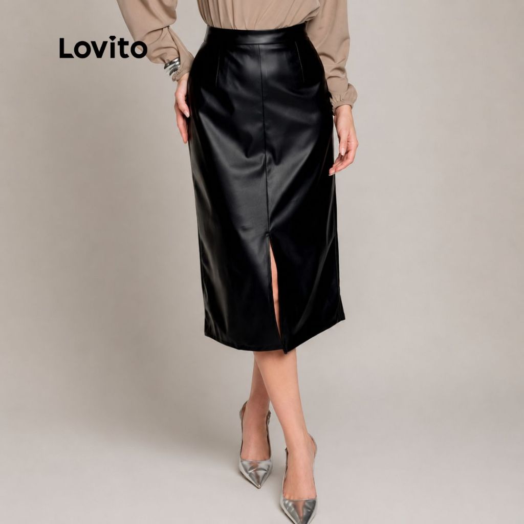 Lovito Saia Inverno Couro Fake Midi com Fenda SKB1414BRL1444