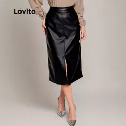 Lovito Saia Inverno Couro Fake Midi com Fenda SKB1414BRL1444