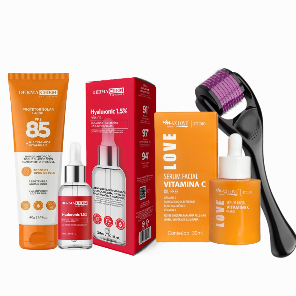 Kit Serum Clareador de Manchas Vitamina C Acido Hialuronico Com Protetor FPS85 Solar Hidratante Facial Dermaroller