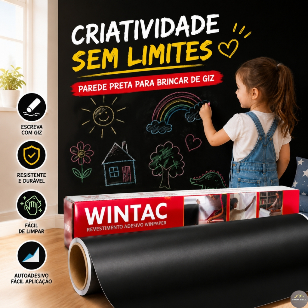 Papel De Parede Lousa Adesiva Preta 2m X 45cm Para Giz Removível Autocolante Com 5 Giz Coloridos