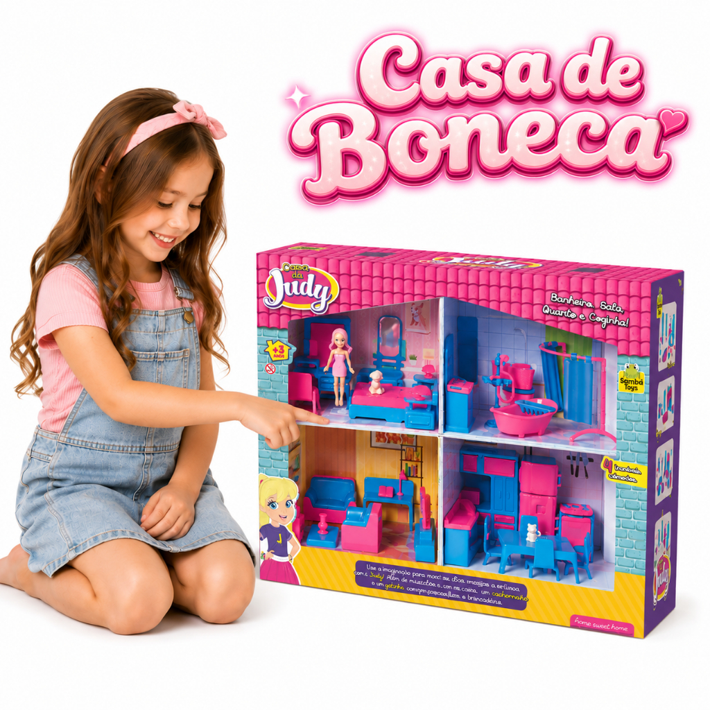 Brinquedo Casa De Boneca Judy Polly Completa Cômodos e Boneca Brinquedo Casinha de Boneca Infantil
