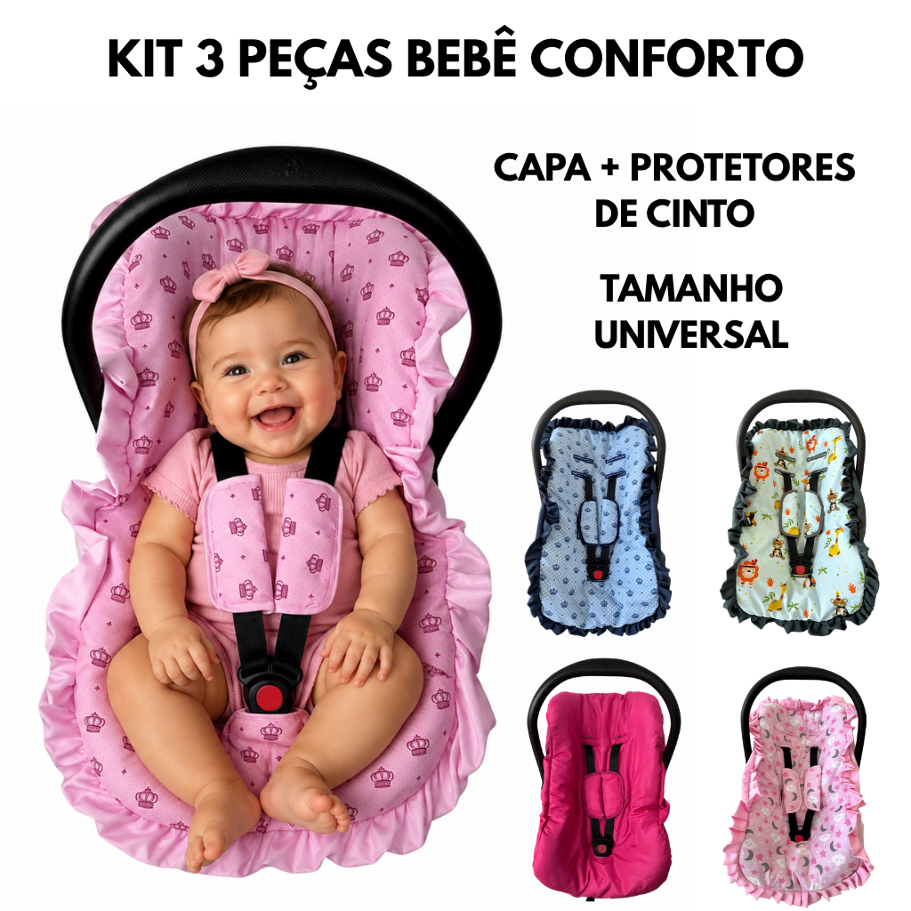 Kit 3 peças para bebê conforto menino menina capa + protetores de cinto tamanho universal até 13 kg