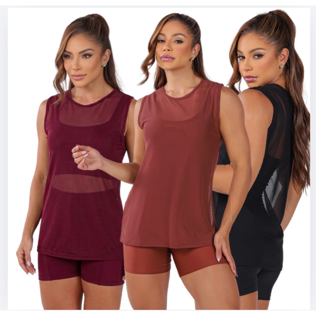KIT 3 REGATA DE TULE Fitness transparente academia Crossfit corrida blusinha de tule