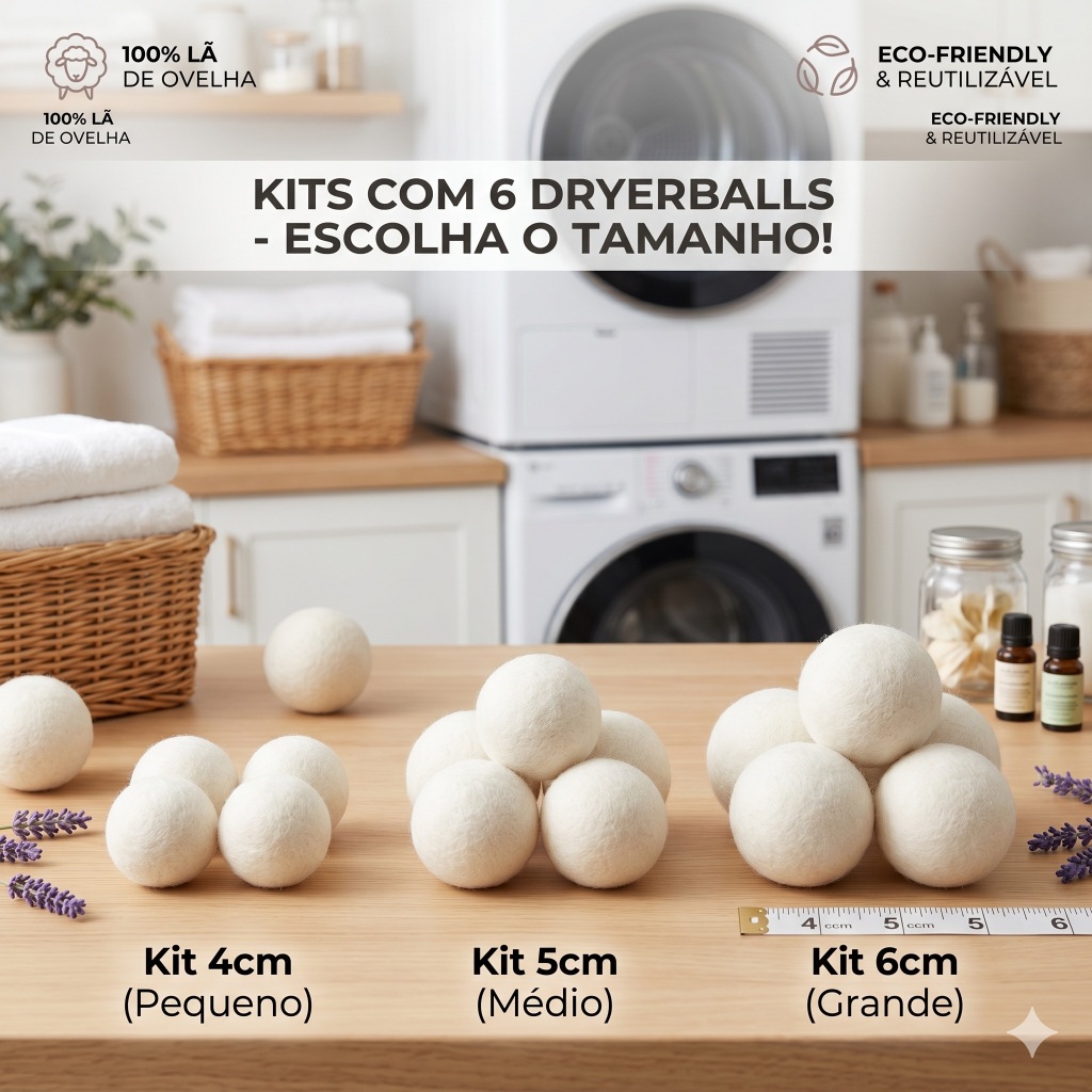 Kit 6 Dryer Balls Bolas De Lã - Seca Rápido, Tira Pelos, Amacia Sem Quimica, Lavadora e Secadora