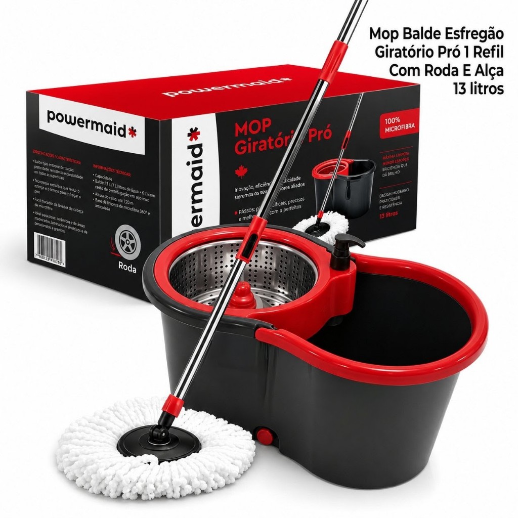 Mop Giratório 360 Pró com Balde com rodinha Secagem Rápida Cesto Inox Esfregão Limpeza Sem Esforço
