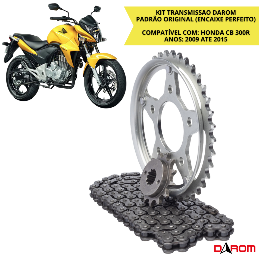Kit Relação Transmissão Darom CB 300R 2009 a 2015 Corrente Coroa Pinhão 520H 110 Elos 37T 13T Honda CB300R
