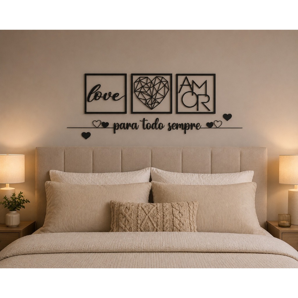KIT 3 Quadros Para todo Sempre,Love e Coração Geométrico Amor + 2 Mini Apliques de Coração Frase de Parede Religioso MDF