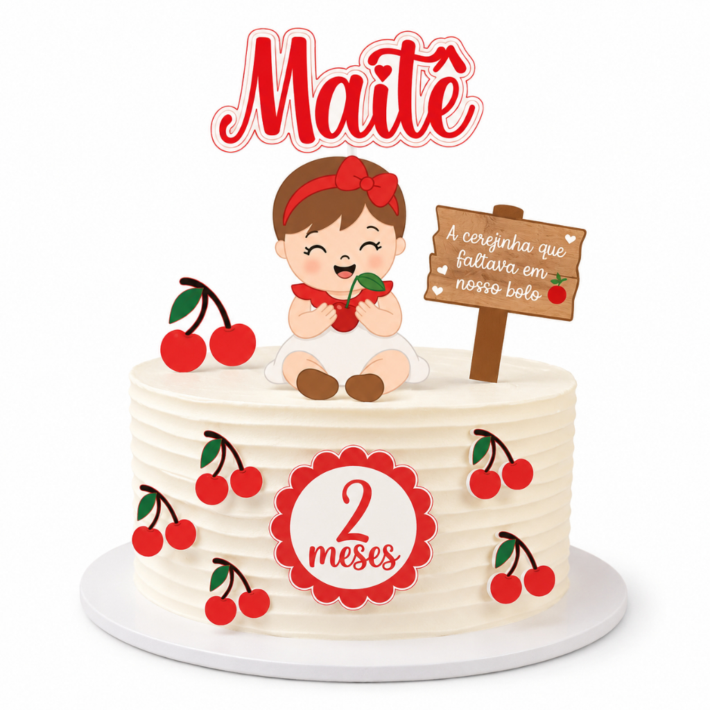 Topo de Bolo Cerejinha Personalizado Nome e Idade Mesversário Aniversário