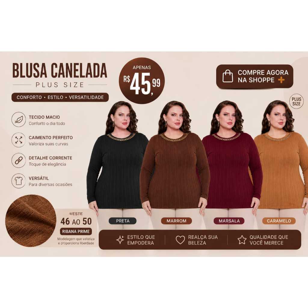 Blusa Feminina Plus Size Ribana prime com Detalhe de Corrente
