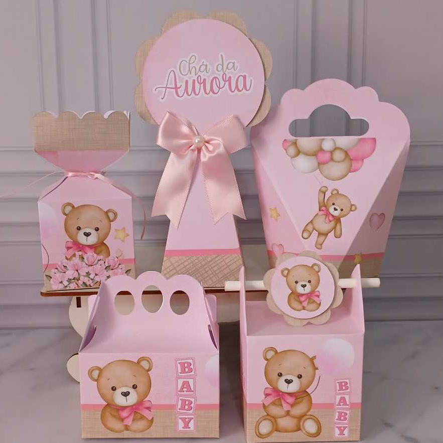 Kit Festa Ursinho Marrom e Rosa PEGUE E MONTE Chá de Bebê - Chá Revelação Personalizada Lembrancinha